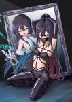  2girls absurdres arms_up bdsm black_bra black_hair black_pantyhose blue_eyes blue_necktie bondage bondage_mittens bound bra breasts collarbone elbow_gloves gag gag_harness gagged gloves highres kneeling legbinder long_hair looking_at_another looking_to_the_side magic multiple_girls navel necktie open_mouth original panties panties_under_pantyhose pantyhose plug_gag red_eyes restrained ring_gag shibarikini shirt sideboob sidelocks sleeveless sleeveless_turtleneck small_breasts stomach turtleneck turtleneck_shirt underwear very_long_hair white_gloves xiongmao 