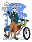  5_fingers anthro axy_usagi bicycle bottomwear city city_background clothing dialogue fingers gloves_(marking) hair holding_object jacket jean_(axy_usagi) jewelry male mammal markings moon necklace no_shoes pants procyonid raccoon smile solo speech_bubble star tail topwear vehicle 