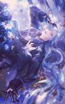  1boy absurdres bishounen black_gloves black_vest blue_flower blue_rose eyelashes flower gloves hand_on_own_head highres idia_shroud lipstick long_hair long_sleeves looking_at_viewer makeup male_focus parted_lips purple_lips rose twisted_wonderland very_long_hair vest white_flower yakikesen yellow_eyes 