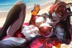 abs agrixxx anthro beach beach_towel biceps bikini bovid breasts caprine clothing dominant dominant_female ear_piercing female goat hi_res horn looking_at_viewer mammal muscular muscular_female piercing sea seaside solo summer sunbathing sunscreen swimwear towel two-piece_swimsuit water