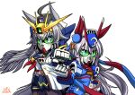  absurdres ahoge animal_ears blue_eyes crossbone_gundam crossbone_gundam_x-3 feathers green_eyes grey_hair gundam gundam_wing gundam_wing:_endless_waltz hair_between_eyes hairband hashtag-only_commentary highres horse_ears horse_girl horse_tail long_hair looking_at_viewer mayohi_neko mecha mecha_focus mechanical_wings mechanization mobile_suit multicolored_hair oguri_cap_(umamusume) robot science_fiction sd_gundam signature simple_background skull_and_crossbones tail tamamo_cross_(umamusume) umamusume v-fin very_long_hair weapon white_background wing_gundam_zero_custom wings 