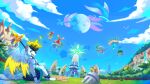 ambiguous_species anthro axy_usagi blue_sky clothed clothing cloud detailed_background fantasy floating_island grass hi_res holding_object holding_weapon landscape landscape_background male melee_weapon planet plant polearm rear_view sitting sky spear topless waterfall weapon windmill wings zero_pictured