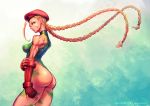  1girl ass blonde_hair blue_eyes breasts cammy_white kuroneco leotard muscle muscular_female solo street_fighter street_fighter_ii_(series) 