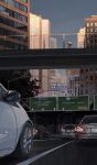  1other beanie black_hair blue_sky bridge building car city english_text faceless flag from_below fruiitlins hat highres lamppost motor_vehicle original outdoors railing road road_sign scenery sign sky skyscraper street sunglasses sunrise train walking 