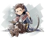 1boy animal_ears blush boots brown_boots brown_hair cat_ears cat_tail cloak commentary_request granblue_fantasy highres holding holding_instrument holding_trumpet hood hood_up hooded_cloak iha_tobu instrument katzelia looking_at_viewer male_focus paw_print pointy_ears sitting tail trumpet 