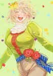  1girl blonde_hair blush closed_eyes dungeon_meshi falin_touden flower highres long_sleeves open_mouth pants sasakura34 short_hair simple_background smile sweater 