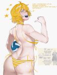 1girl ass ball bikini blonde_hair butt_crack don_quixote_(project_moon) english_text facial_mark fangs from_behind highres holding holding_ball open_mouth project_moon solo star_(symbol) star_facial_mark striped_bikini striped_clothes swimsuit teeth theheavenpit volleyball yellow_bikini yellow_eyes 