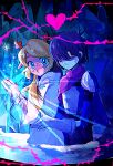  1girl 1other antlers armor armored_gloves blonde_hair blue_eyes blue_hair cape commentary deer_antlers deer_girl deltarune freeze_ring_(deltarune) furry furry_female hair_over_one_eye heart highres holding_another&#039;s_arm holding_another&#039;s_wrist hooded_robe horns jewelry kris_(dark_world)_(deltarune) kris_(deltarune) long_hair long_sleeves mugi062 noelle_holiday noelle_holiday_(dark_world) pink_cape plant red_eyes ring robe short_hair shoulder_armor side_cape soul_(deltarune) symbol-only_commentary thorns vines weird_route_(deltarune) white_robe 