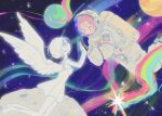  2girls :o alien_stage angel angel_wings astronaut chinese_commentary coldmeow commentary dress earth_(planet) helmet highres mizi_(alien_stage) multiple_girls open_mouth pink_hair planet shooting_star short_hair signature sleeveless sleeveless_dress space_helmet star_(sky) sua_(alien_stage) wings yellow_eyes 