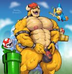  abs accessory anthro barazoku big_muscles bodily_fluids bowser broom bulge cellphone clothed clothing dialogue drooling elemental_creature eyewear flora_fauna flying_broomstick genital_outline glasses huge_muscles jewelry kamek koopa looking_at_viewer male mario_bros muscular muscular_male navel nintendo partial_nudity penis_outline phone piranha_plant plant saliva scalie speedo swimwear sxfpantera topless video_games 
