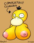 anatid anseriform anthro avian beak big_breasts bird blank_expression blank_stare breasts duck female fur generation_1_pokemon hi_res honeybud huge_breasts nintendo pokemon pokemon_(species) psyduck solo text yellow_body yellow_fur