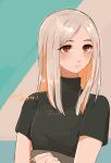  1girl absurdres black_shirt blonde_hair brown_eyes fingernails highres koucha_(pankeki_koucha) long_hair looking_to_the_side original parted_bangs parted_lips shirt short_sleeves solo straight_hair turtleneck turtleneck_shirt two-tone_background upper_body 