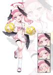  &lt;|&gt;_&lt;|&gt; 1girl absurdres alternate_costume bada_(jksh5056) baseball_cap blue_archive blush bra cheerleader closed_mouth commentary crop_top expressionless feathered_wings full_body halo hat head_wings heart_sticker highres koharu_(blue_archive) long_hair loose_socks low_wings midriff miniskirt navel off_shoulder one_eye_closed open_mouth pink_eyes pink_hair pink_hat pink_shirt pink_shoes pom_pom_(cheerleading) shirt shoes single_bare_shoulder skirt sleeveless sleeveless_shirt sneakers socks standing standing_on_one_leg sticker_on_face thigh_strap twintails underwear white_bra white_skirt wings zoom_layer 