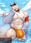 abs anthro areola barazoku beach big_bulge big_muscles black_nose bulge canid canine canis clothed clothing clothing_lift collar facial_tuft fenwick_art genitals hi_res horn huge_bulge huge_muscles huge_thighs kumoyama male mammal manly muscular muscular_anthro muscular_arms muscular_legs muscular_male muscular_thighs navel nipples orange_clothing orange_thong orange_underwear partially_clothed penis seductive shirt shirt_lift solo thick_arms thick_penis thick_thighs thong topwear tuft underwear water wet wet_clothing wet_shirt wet_topwear wolf