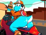 anthro anus backsack balls big_butt biped blue_body blue_scales bottomless bottomless_anthro bottomless_male burger butt clothed clothing electronics employee_uniform food footwear genitals hat headgear headphones headset headwear hi_res looking_at_viewer looking_back looking_back_at_viewer male mario_bros mario_kart_world motorcycle nintendo one_eye_closed prate-dragon rear_view scales scalie shell shoes short_tail sitting solo tail vehicle wink winking_at_viewer yoshi