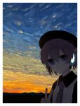  1girl beret black_hat black_sleeves closed_mouth collared_shirt dark double-parted_bangs expressionless hair_between_eyes hat headset highres jitome long_sleeves looking_at_viewer necktie outdoors outside_border purple_eyes purple_hair purple_necktie screwuntoo shirt short_hair sky utane_uta utau v very_short_hair white_shirt 