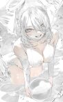  1girl ball bikini breasts cleavage feathered_wings feathers grin holding holding_ball large_breasts looking_at_viewer mi8pq mole mole_on_arm original parted_lips shiny_skin smile solo swimsuit wading white_bikini white_eyes white_feathers white_hair white_scales white_theme white_wings wings 