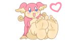  5_toes anthro audino blue_eyes blush compysteps feet female foot_focus generation_5_pokemon heart_symbol humanoid_feet multicolored_body nintendo open_mouth open_smile pink_body plantigrade pokemon pokemon_(species) simple_background sitting smile soles solo tan_body toes two_tone_body white_background 