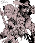  2boys aiming aiming_at_viewer atiti_monti back-to-back boothill_(honkai:_star_rail) cowboy_hat cu_chulainn_(fate) cu_chulainn_(honkai:_star_rail)_(fate) cyborg fate/stay_night fate_(series) fur-trimmed_jacket fur_trim gae_bolg_(fate) greyscale grin gun hair_over_one_eye hair_slicked_back hand_on_own_hat handgun hat highres holding holding_gun holding_polearm holding_weapon honkai:_star_rail honkai_(series) jacket long_sleeves looking_at_viewer low_ponytail male_focus monochrome multicolored_hair multiple_boys polearm ponytail sharp_teeth simple_background sketch smile spear streaked_hair teeth two-tone_hair v-shaped_eyebrows weapon zipper_pull_tab 
