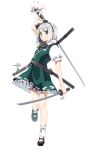  1girl absurdres arm_up artist_name black_bow black_eyes black_hairband black_shoes bloomers bobby_socks bow bow_hairband bowtie buttons commentary_request dual_wielding flower frilled_skirt frills full_body green_skirt green_vest grey_hair hairband highres hitodama_print holding holding_sword holding_weapon katana konpaku_youmu layered_skirt looking_at_viewer mary_janes motimoti_mgmg parted_lips print_skirt print_vest puffy_short_sleeves puffy_sleeves sheath shirt shoes short_sleeves skirt socks solo spider_lily standing standing_on_one_leg sword touhou twitter_username unsheathed vest weapon white_bloomers white_flower white_shirt white_socks white_spider_lily 