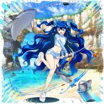  &gt;_&lt; 1girl absurdly_long_hair alternate_costume alternate_hairstyle bandaid bandaid_on_leg beach blue_bow blue_hair blue_shorts bow bucket closed_eyes facing_viewer fishing fishing_rod full_body game_cg hair_bow highres holding holding_fishing_rod leg_up long_hair long_sleeves midriff navel ocean official_art open_mouth outdoors rotte_(1109) sand sandals shark shorts simple_background solo standing standing_on_one_leg tears tent thighs third-party_source toes touhou touhou_lostword transparent_background very_long_hair water wavy_hair white_sandals yorigami_shion yorigami_shion_(somewhat_successful_big_sister) 