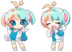  1girl 2000s_(style) ahoge angel_wings animated animated_gif anime_coloring aqua_hair asymmetrical_legwear blonde_hair blue_eyes blush_stickers chibi chibi_only closed_eyes colinarmis commentary commission dancing detached_sleeves english_commentary faux_retro_artstyle headphones jacket leg_warmers mismatched_legwear multicolored_hair multiple_views original short_twintails smile split-color_hair star_(symbol) track_jacket transparent_background twintails wings 