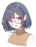  1girl absurdres asagizu blue_hair brown_sweater english_commentary glasses highres looking_at_viewer open_mouth original purple_eyes short_hair simple_background sleeveless sleeveless_sweater solo sweater white_background 