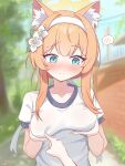  1girl 1other absurdres animal_ears averting_eyes blue_archive blue_eyes blush cat_ears cat_girl closed_mouth embarrassed flower hair_flower hair_ornament hair_ribbon hairband hand_on_another&#039;s_chest highres holding_own_breasts long_hair mari_(blue_archive) mari_(track)_(blue_archive) official_alternate_costume orange_hair ribbon sanwenyu_juan_bing shirt short_sleeves t-shirt white_flower white_hairband white_ribbon white_shirt 