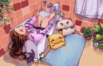  1girl absurdres arm_around_leg bathroom blue_carpet brown_eyes brown_hair carrot_hair_ornament cat character_doll commentary doll faucet food-themed_hair_ornament frog fruiitlins full_body hair_ornament hanging_plant highres in_bathtub leaning_back leg_up long_hair mandrake offlinetv pikachu pink_sweater plant potted_plant rabbit shoes sneakers solo stuffed_animal stuffed_toy sweater tile_wall tiles tinakitten towel v 