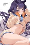  1girl alternate_costume ass blue_panties blue_sailor_collar blunt_bangs breasts brown_serafuku brown_shirt brown_skirt center-flap_bangs closed_mouth commentary cropped_shirt english_commentary gradient_hair grey_eyes highres hololive hololive_english long_hair long_sleeves looking_at_viewer low_twintails lying miniskirt mole mole_under_eye multicolored_hair navel ninomae_ina&#039;nis oioi_ainomo orange_hair paid_reward_available panties pantyshot pleated_skirt pointy_ears purple_hair sailor_collar school_uniform serafuku shirt sidelocks skirt small_breasts solo stomach tentacle_hair twintails underboob underwear virtual_youtuber 