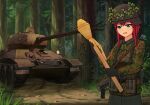  1girl 2020 ammunition_pouch black_gloves blue_eyes bush camouflage caterpillar_tracks combat_helmet dirt_road forest gloves gun gun_sling helmet highres holding holding_rocket_launcher holding_weapon keionspiral load_bearing_vest military_vehicle motor_vehicle mp40 nature original panzerfaust pouch road rocket_launcher stahlhelm submachine_gun t-34 tank weapon 