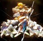  1girl aestus_estus ahoge artist_name belt blonde_hair blush bodysuit breasts bridal_veil chain cleavage detached_sleeves fate/extra fate/extra_ccc fate_(series) flower flower_wreath full-length_zipper full_body gloves green_eyes hair_intakes head_wreath high_heels highres holding holding_flower holding_sword holding_weapon kankitsurui_(house_of_citrus) large_breasts leotard light_particles lock looking_at_viewer loose_belt nero_claudius_(bride)_(fate) nero_claudius_(fate) padlock padlocked_collar petals shadow signature smile solo sword thighhighs thighs underlighting veil weapon white_bodysuit white_flower white_gloves white_leotard white_sleeves white_thighhighs zipper 