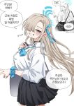  1girl asuna_(blue_archive) asuna_(school_uniform)_(blue_archive) bag black_choker black_skirt blue_archive blue_bow blue_bowtie blue_eyes blue_halo blue_ribbon blue_scrunchie bow bowtie breasts brown_hair choker commentary_request cowboy_shot grin hair_over_one_eye hair_ribbon halo highres korean_commentary korean_text long_hair looking_at_viewer loose_bowtie pleated_skirt ribbon school_bag school_uniform scrunchie shirt shoulder_bag sin_seishun skirt sleeves_rolled_up smile solo translation_request v white_shirt wrist_scrunchie 