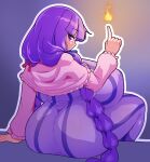  1girl ass blunt_bangs braid breasts capelet dress fire frown gigantic_breasts highres huge_ass index_finger_raised long_hair looking_back magic masked_agent no_headwear patchouli_knowledge purple_eyes purple_hair shortstack sitting solo striped_clothes striped_dress touhou twin_braids vertical-striped_clothes vertical-striped_dress very_long_hair 