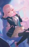  1girl absurdres animal_bag animal_hood backpack bag black_jacket black_thighhighs blurry blurry_background brown_skirt cat_bag cat_hood commentary_request covering_own_mouth danganronpa_(series) danganronpa_2:_goodbye_despair foot_out_of_frame hair_ornament handheld_game_console hands_up highres holding holding_handheld_game_console hood hood_down hooded_jacket jacket long_sleeves looking_at_viewer nanami_chiaki open_clothes open_jacket pink_bag pink_eyes pink_hair pink_shoes pleated_skirt shali shirt shoes sitting skirt solo thighhighs white_shirt 