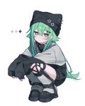  1girl absurdres animal_ear_headwear animal_hat asymmetrical_legwear black_hat black_jacket black_shoes cat_hat closed_mouth expressionless full_body green_eyes green_hair grey_leg_warmers hair_between_eyes hair_flaps hat hat_ornament highres jacket leg_warmers long_hair long_sleeves mismatched_legwear multicolored_jacket namin_(anjpzaobmhbppxs) nanase_(namin) original paperclip shoes simple_background slav_squatting sleeves_past_wrists solo sparkle sparkle_hair_ornament squatting star-shaped_pupils star_(symbol) star_hat_ornament symbol-shaped_pupils two-tone_jacket white_background white_jacket white_leg_warmers 