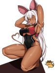  1girl absurdres animal_ears armpits arms_behind_head barefoot borrowed_character breasts cleavage commentary competition_swimsuit covered_navel covered_nipples curvy dark_skin ear_piercing english_commentary full_body heart heart_tail highres kevbot large_breasts long_hair looking_at_viewer mole mole_on_breast one-piece_swimsuit one_eye_closed original piercing rat_ears red_eyes sideboob solo swimsuit tail thick_thighs thighs underboob underboob_cutout white_hair 