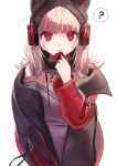  1girl ? arknights beanie black_headwear blush coat eyebrows_visible_through_hair frostleaf_(arknights) hat headphones heart highres jacket looking_at_viewer open_mouth ore_lesion_(arknights) red_eyes red_jacket red_nails red_sleeves simple_background solo white_background 