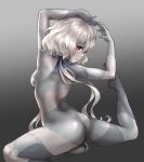  1girl arms_up artoise ass backboob blue_ribbon blush breasts feet_up flexible from_behind hair_between_eyes hair_ribbon highres konno_junko looking_at_viewer looking_back medium_breasts medium_hair nude red_eyes ribbon scar sidelocks silver_hair solo spread_legs stitches thighs twintails wavy_hair wavy_mouth zombie zombie_land_saga 