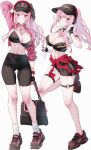 1girl absurdres armlet bag baseball_cap black_bra black_choker black_gloves black_hat black_nails black_shoes black_shorts blush bottle bra breasts choker cleavage clothes_around_waist collarbone cropped_jacket duplicate english_commentary fingerless_gloves fingernails full_body gloves hat headphones high_ponytail highres holding holding_bag holding_bottle hololive hololive_english jacket jewelry kamiya_maneki knees large_breasts long_hair long_sleeves looking_at_viewer mori_calliope multicolored_nails multicolored_shoes nail_polish navel necklace o-ring o-ring_thigh_strap open_clothes open_jacket open_mouth pink_eyes pink_hair pink_jacket pink_shirt pink_shoes ponytail red_nails shirt shirt_around_waist shoes shorts shoulder_bag signature simple_background skull_necklace smile socks solo_focus standing stomach thigh_strap thighs towel towel_around_neck twitter_username two-tone_nails two-tone_shoes underwear virtual_youtuber watch white_background white_socks wristwatch 