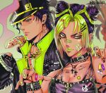  1boy 1girl 666 artist_name bandaid bandaid_on_cheek bandaid_on_face bandaid_on_hand bandaid_on_neck bandaid_on_nose bandaid_on_shoulder bare_shoulders black_choker black_hat black_jacket black_nails blurry blurry_background bracelet braid braided_ponytail breasts bustier chain choker cigarette cleavage closed_mouth collarbone collarbone_piercing collared_shirt commentary cross cross_earrings cross_necklace double_bun ear_piercing earrings english_text eyebrow_piercing eyelashes eyeshadow face_piercing facial_tattoo father_and_daughter finger_tattoo green_eyes green_hair green_lips green_nails green_shirt hair_bun hair_ornament hand_on_another&#039;s_shoulder hand_up hashtag-only_commentary hat heart heart_tattoo henoopd highres holding holding_cigarette jacket jewelry jojo_no_kimyou_na_bouken kujo_jolyne kujo_jotaro long_hair looking_at_viewer looking_to_the_side makeup medium_breasts mouth_piercing multicolored_hair neck_tattoo necklace open_clothes open_jacket piercing portrait purple_bustier purple_hair shirt smoke spiked_bracelet spiked_choker spikes star_(symbol) star_hair_ornament stone_ocean stud_earrings studded_bracelet symbol-only_commentary tattoo two-tone_hair x_hair_ornament 