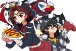  2boys :q amamiya_ren animal_ear_hood apron black-framed_eyewear black_hair black_hoodie bright_pupils brown_eyes closed_mouth commentary cup drawstring food glasses grey_pants hair_between_eyes hands_up highres holding holding_cup holding_plate hood hood_up hoodie kamishiro_nagisa ketchup_bottle leg_up long_sleeves looking_at_another looking_at_viewer lufel_(p5x) maitakepasuta male_focus morgana_(persona_5) mouth_hold multiple_boys official_alternate_costume omelet omurice pants persona persona_5 persona_5:_the_phantom_x plaid_clothes plaid_pants plate red_apron red_eyes red_hair red_shoes shoes short_hair simple_background sneakers socks tongue tongue_out waist_apron white_background white_pupils white_socks 