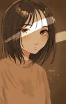  1girl absurdres brown_background brown_eyes brown_hair brown_shirt brown_theme crack_of_light highres koucha_(pankeki_koucha) looking_at_viewer medium_hair original shirt short_hair solo upper_body 