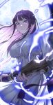  1girl absurdres backlighting bogobob breasts bright_pupils closed_mouth collared_dress commentary_request cowboy_shot dress eyelashes fern_(sousou_no_frieren) fingernails floating_clothes floating_hair from_below full_moon highres holding holding_staff large_breasts light_frown long_hair long_sidelocks long_sleeves looking_at_viewer mage_staff magic moon night night_sky purple_eyes purple_hair sidelocks sky solo sousou_no_frieren staff standing white_dress white_pupils 