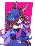  1girl absurdres animal_ears back_bow bee_sempai belt blue_bow blue_dress blue_flower blue_hat blue_rose border bow brown_hair clenched_hands colored_inner_hair commentary cowboy_shot dagger detached_sleeves dress english_commentary flower hair_over_one_eye hat hat_flower highres horse_ears knife looking_at_viewer multicolored_hair parted_lips pink_background purple_hair red_sleeves rice_shower_(umamusume) rose simple_background solo umamusume weapon white_background white_flower white_rose 