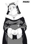  absurd_res anthro canid canine canis christian_symbol christianity clothed clothing cross dithering eyewear female fluffy fully_clothed fur furgonomics glasses greyscale habit hair hands_together hi_res kemono looking_at_viewer magiace mammal mature_female monochrome neck_tuft nun pince-nez religion rosary screentone solo standing tuft white_body white_fur white_hair wolf 