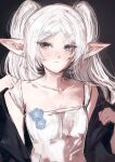  1girl black_jacket blue_flower blush breasts choker closed_mouth collarbone double-parted_bangs dress elf flower frieren green_eyes highres jacket long_hair looking_at_viewer moku_(muooku) official_alternate_costume open_clothes open_jacket pointy_ears sidelocks sleeveless sleeveless_dress small_breasts solo sousou_no_frieren twintails upper_body white_choker white_dress white_hair 