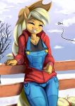  2020 applejack_(mlp) clothed clothing dialogue equid equine eyes_closed female fidzfox friendship_is_magic grin hat headgear headwear hi_res mammal my_little_pony outside smile solo winter 