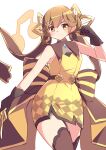  1girl absurdres bare_shoulders beamed_eighth_notes black_gloves blush braid braided_bun breasts brown_hair brown_thighhighs closed_mouth commentary_request double_bun dress duel_monster earrings garter_straps gloves hair_between_eyes hair_bun hair_ornament highres holding holding_instrument instrument jewelry kanzakietc long_hair looking_at_viewer medium_breasts multiple_girls musical_note oversized_clothes resolfachord_dreamia sidelocks smile solo standing thighhighs thighs yellow_dress yellow_eyes yu-gi-oh! 