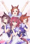  4girls absurdres blue_eyes blush breasts brown_hair cherry_blossoms collarbone commentary_request highres horse_girl long_hair looking_at_viewer medium_breasts medium_hair multiple_girls petals pink_hair sakura_bakushin_o_(umamusume) sakura_chitose_o_(umamusume) sakura_chiyono_o_(umamusume) sakura_laurel_(umamusume) sarasuty school_uniform smile tracen_school_uniform umamusume victory_club_(umamusume) 